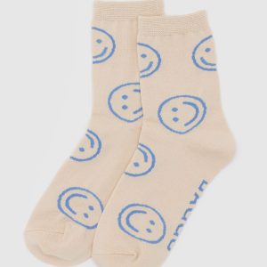 Crew Sock Ecru Periwinkle Happy